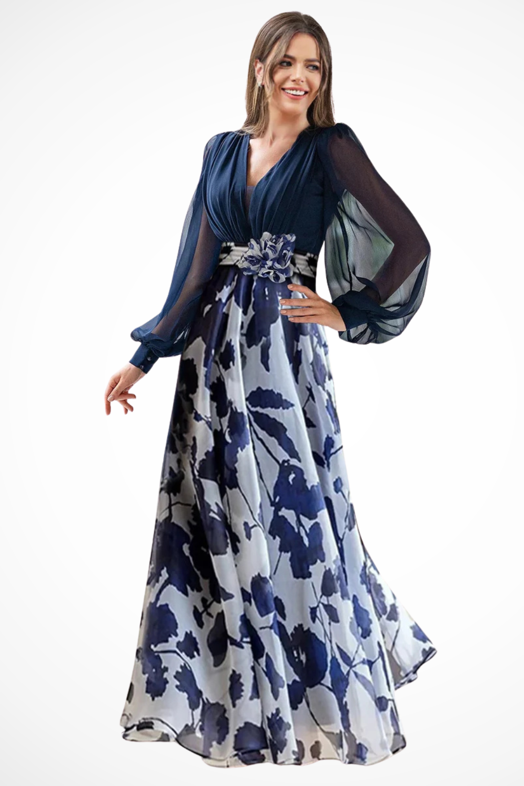 Charlotte | Women V Neck Balloon Sleeve Floral Print Maxi Wedding Guest Dress