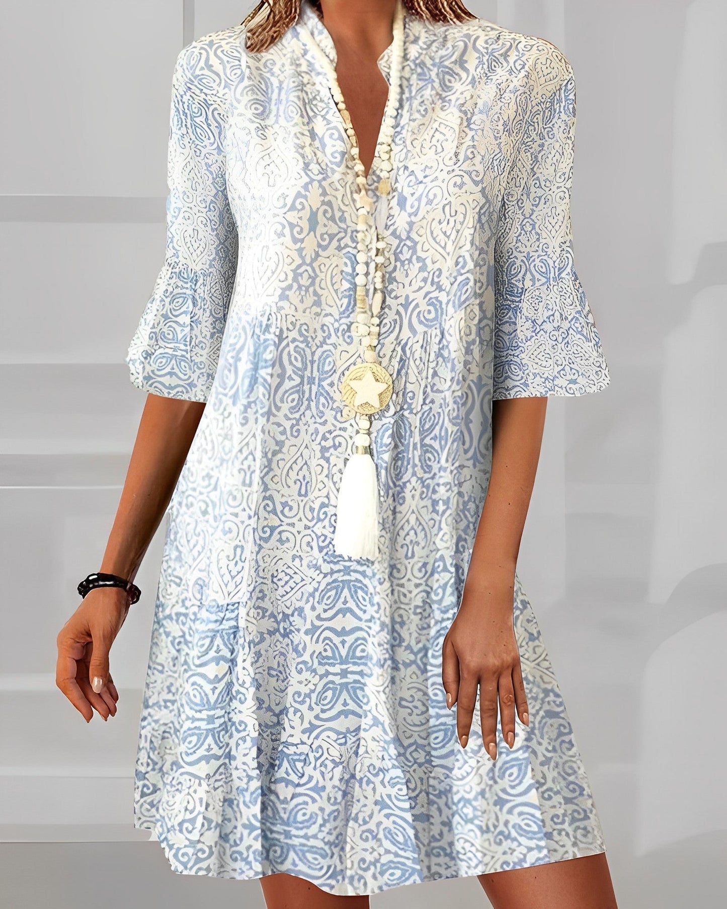 Sophie | Blue Patterned V Neck Flare Sleeve Mini Sun Dress
