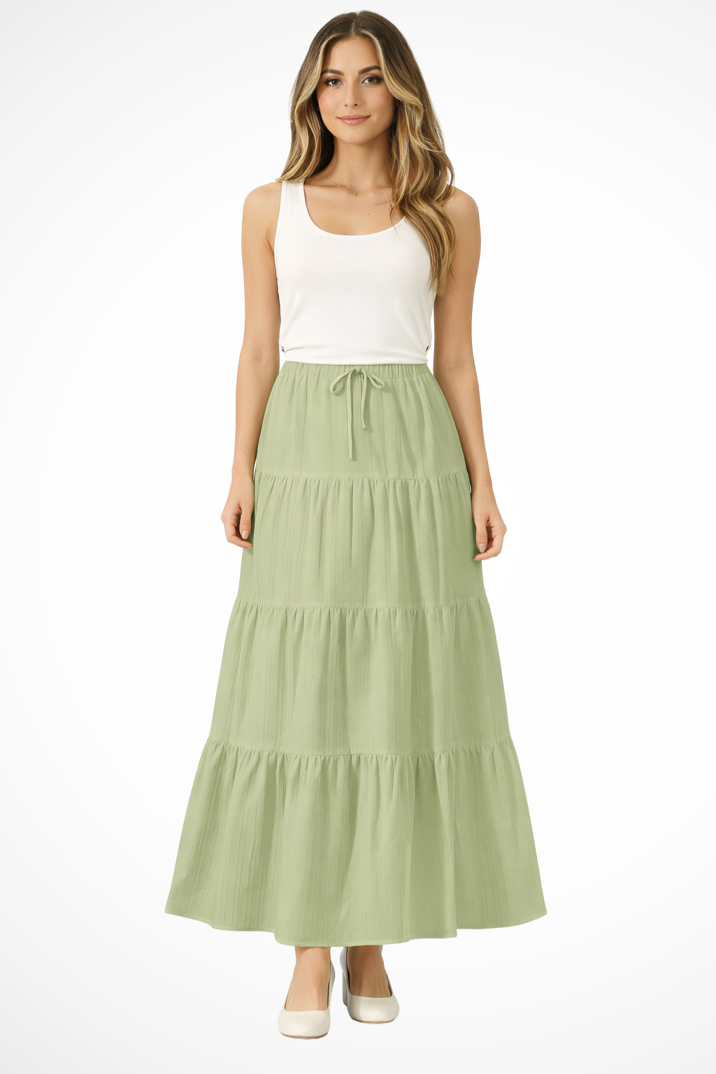 Beth | Women Elasticated Drawstring Waist Tiered Boho Maxi Skirt