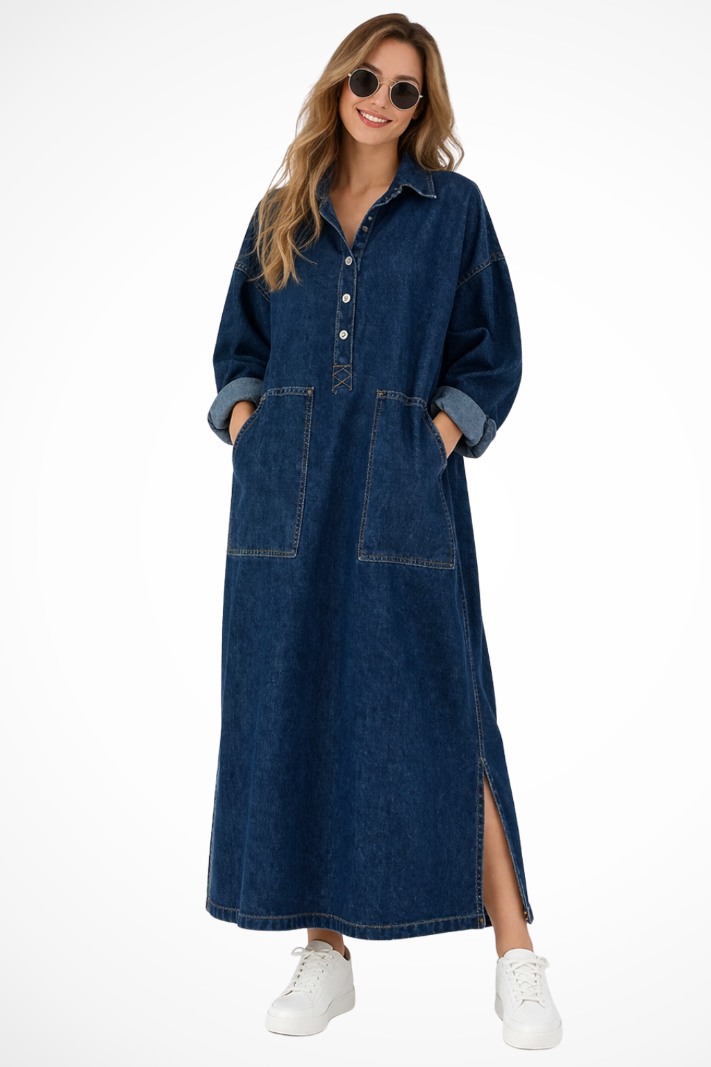 Ramona | Women Oversized Long Sleeve Collared Denim Maxi Dress with Pockets