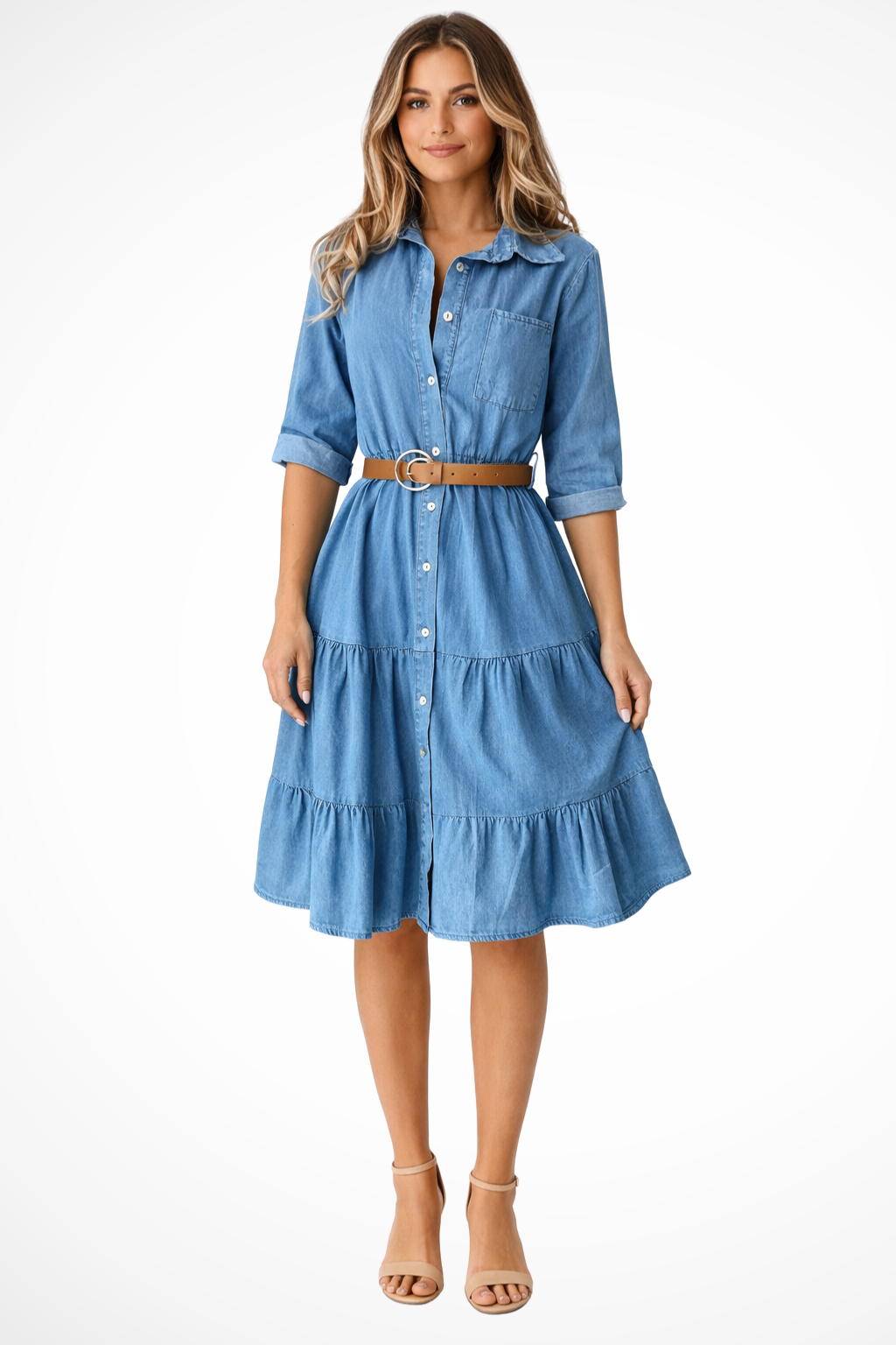 Dana | Women Denim Tiered Midi Shirt Dress with Belt