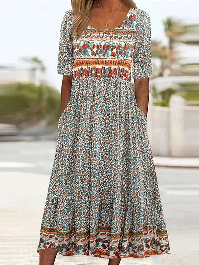 Sabrina | Boho Printed Multi Coloured Square Neck Short Sleeve Midi Dress