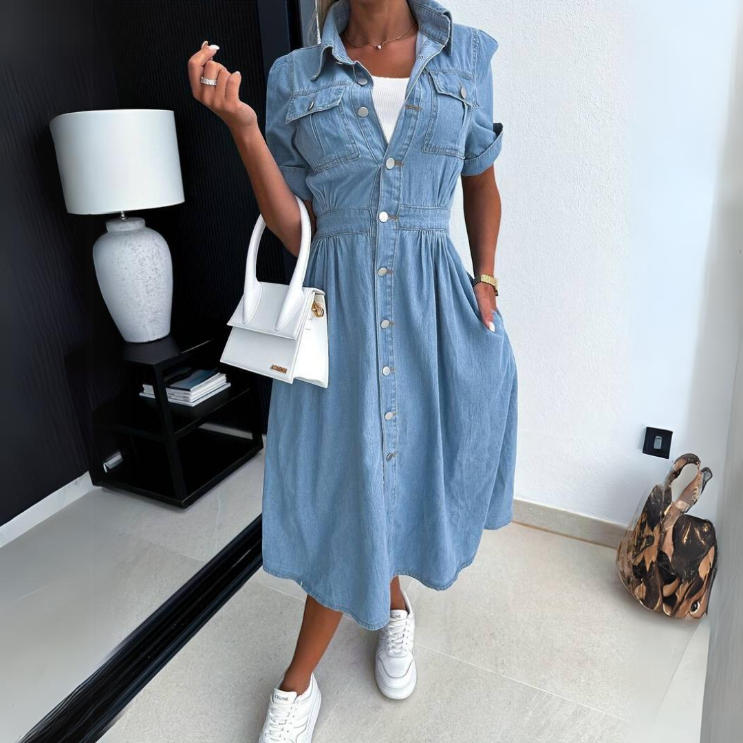 Kirsty | Women's Denim Button-Up Midi Dress Short Sleeve
