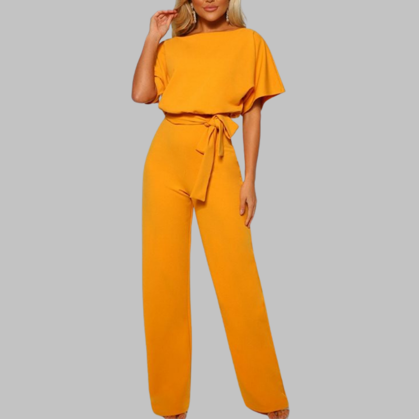 Marina | Women's Belted Wide Leg Jumpsuit Batwing Sleeve Crewneck