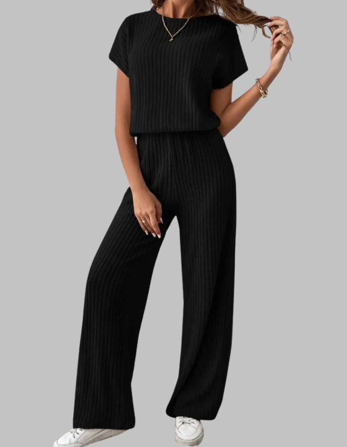 Philippa | Women's Ribbed Two Piece Set Short Sleeve Top Wide Leg Pants
