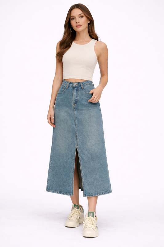 Skye | Women High Waist A Line Blue Denim Maxi Skirt with Front Split