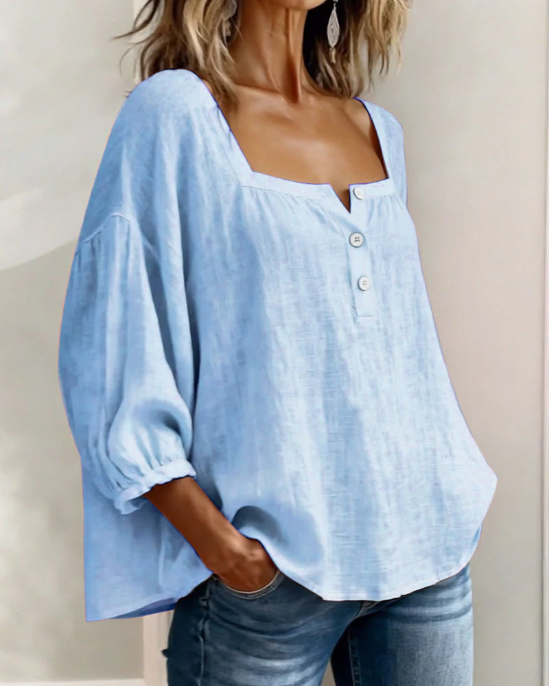 Nadine | Women's Square Neck Blouse 3/4 Puff Sleeve Button Top