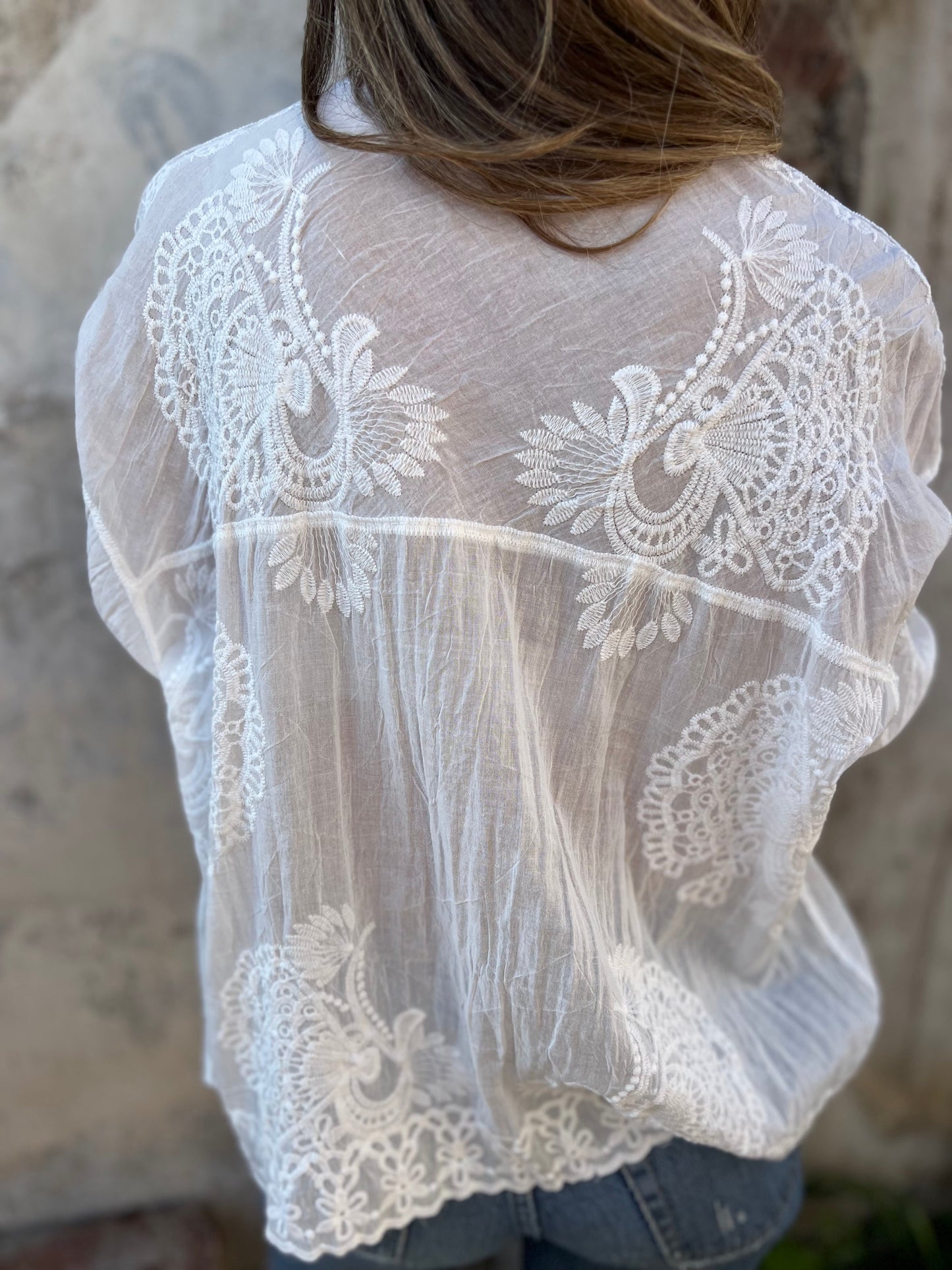 Greta | Women's Lace Blouse Long Sleeve Button Down Embroidered Top