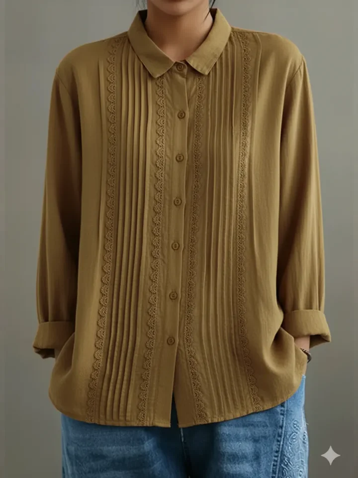 Tamsin | Women's Lace Trim Button-Up Long Sleeve Blouse