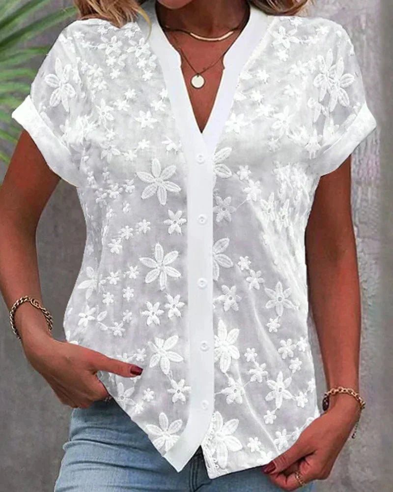 Lydia | Women's White Short Sleeve Floral Lace Button-Down Blouse