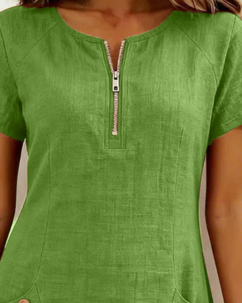 Ivy | Women's Shift Dress Short Sleeve Zip Neck with Pockets
