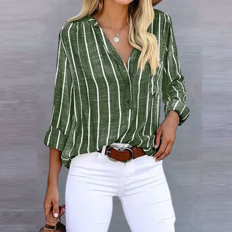 Antonia | Women's Striped Long Sleeve Button Breathable Linen Blouse Top