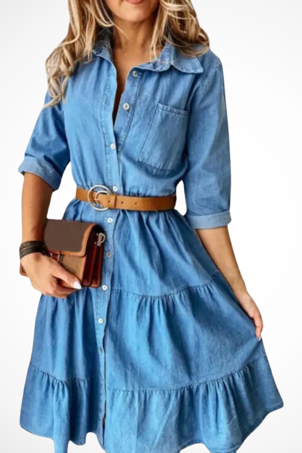 Dana | Women Denim Tiered Midi Shirt Dress with Belt
