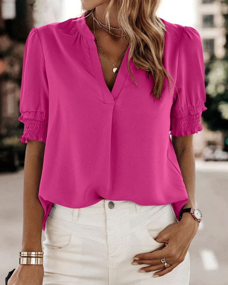Natasha | Women's V-Neck Puff Sleeve Blouse Short Sleeve Top