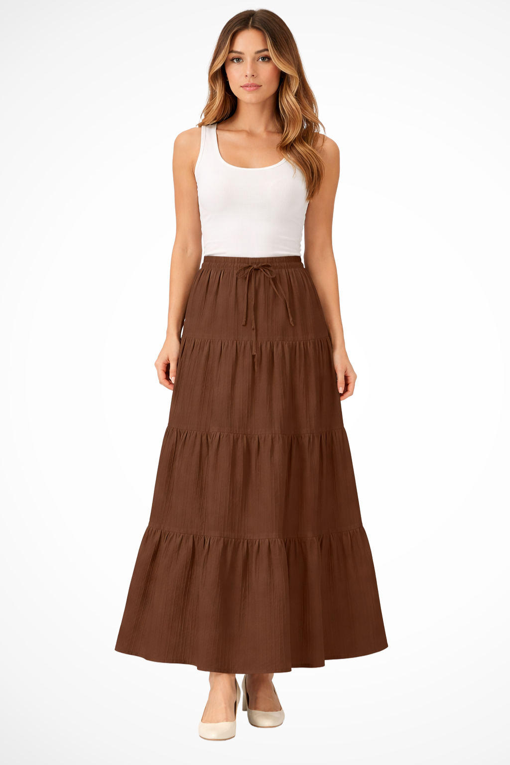 Beth | Women Elasticated Drawstring Waist Tiered Boho Maxi Skirt