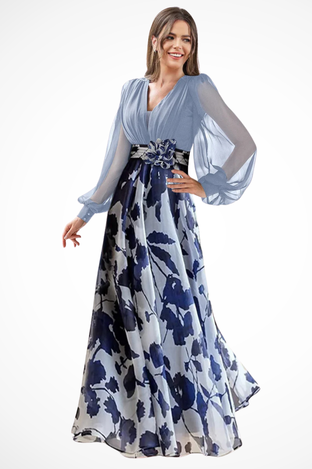 Charlotte | Women V Neck Balloon Sleeve Floral Print Maxi Wedding Guest Dress