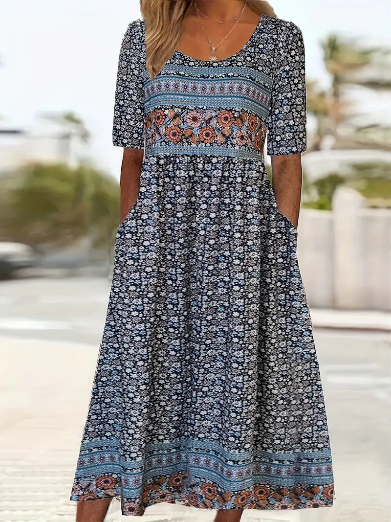 Sabrina | Boho Printed Multi Coloured Square Neck Short Sleeve Midi Dress