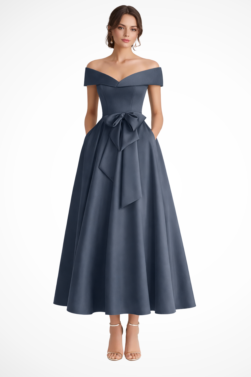 Arabella | Women Off Shoulder Bow Waist A Line Midi Wedding Guest Dress