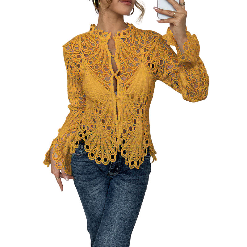 Violet | Women's Lace Cutwork Blouse Long Sleeve Hollow Out Top