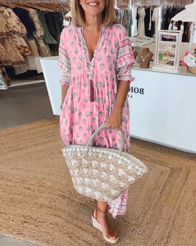 Yasmin | Printed Beach Tassel Tie Midi Dress