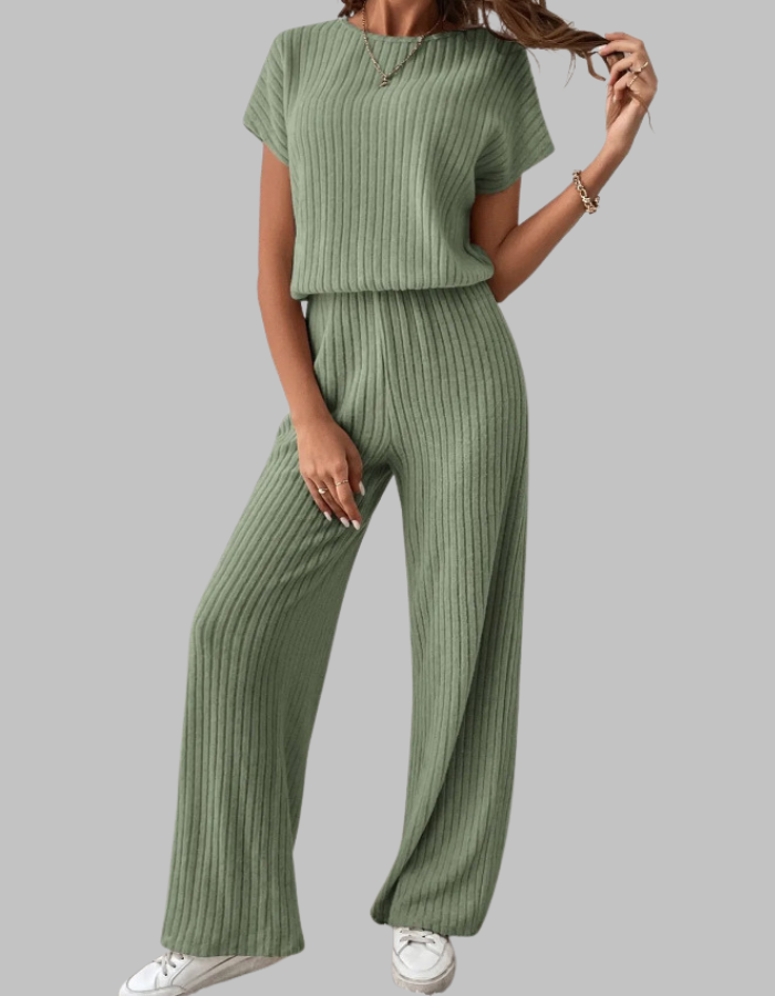 Philippa | Women's Ribbed Two Piece Set Short Sleeve Top Wide Leg Pants