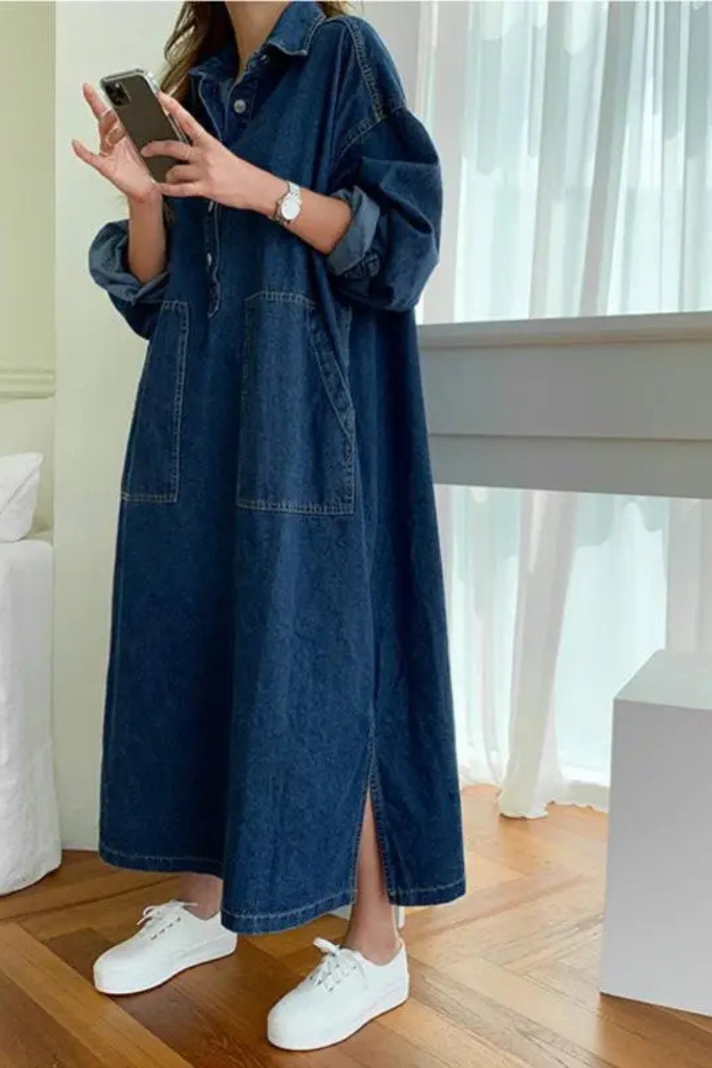 Ramona | Women Oversized Long Sleeve Collared Denim Maxi Dress with Pockets