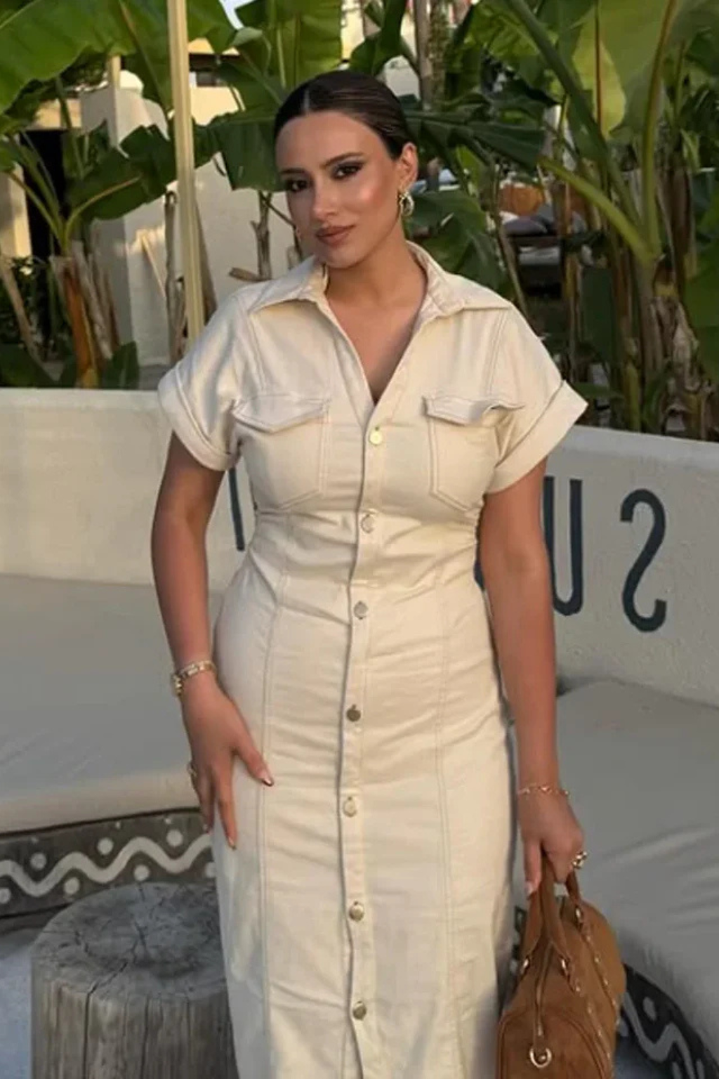 Elodie | Women Short Sleeve Button Through Fitted Denim Midi Shirt Ivory Dress