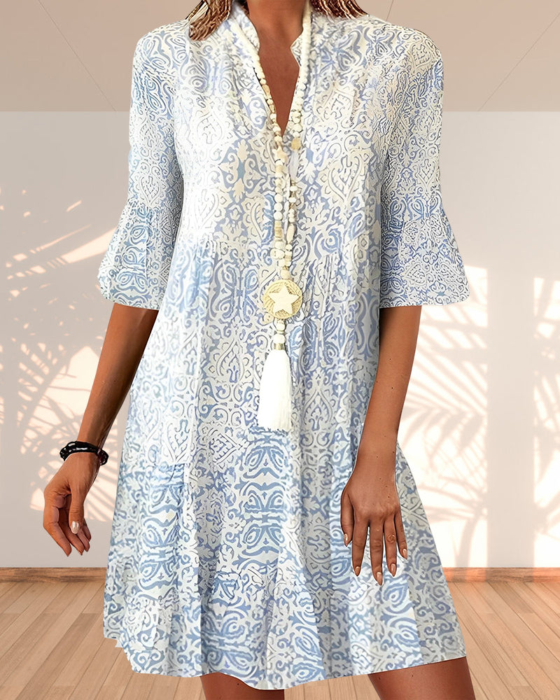Sophie | Blue Patterned V Neck Flare Sleeve Mini Sun Dress
