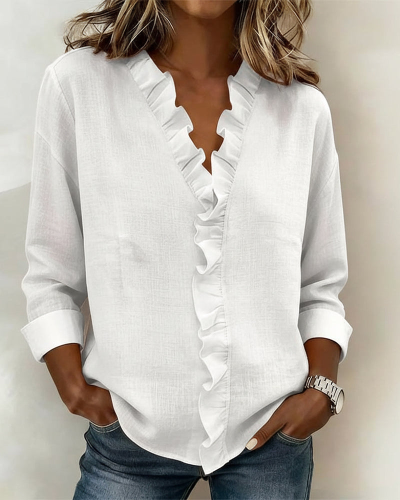 Yasmin | Women's Ruffle V-Neck Long Sleeve Blouse Spring Top