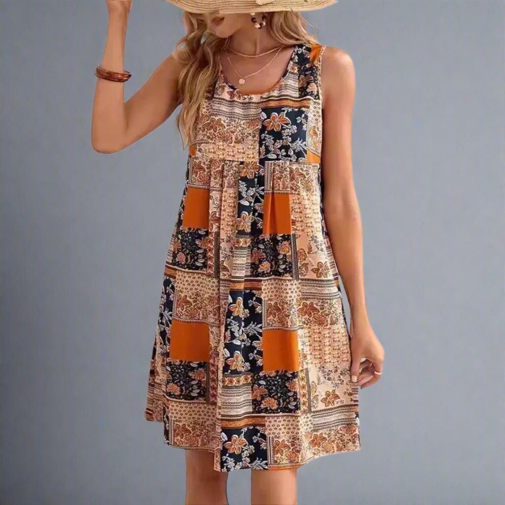 Amber | Boho Patchwork Print Sleeveless Mini Dress