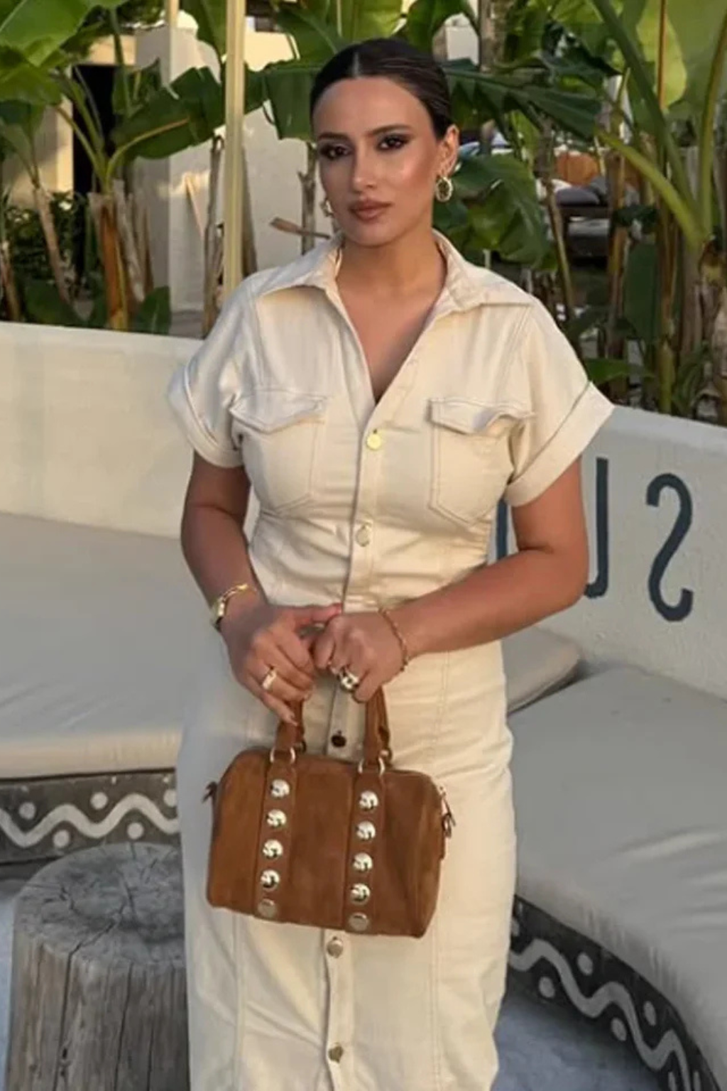 Elodie | Women Short Sleeve Button Through Fitted Denim Midi Shirt Ivory Dress