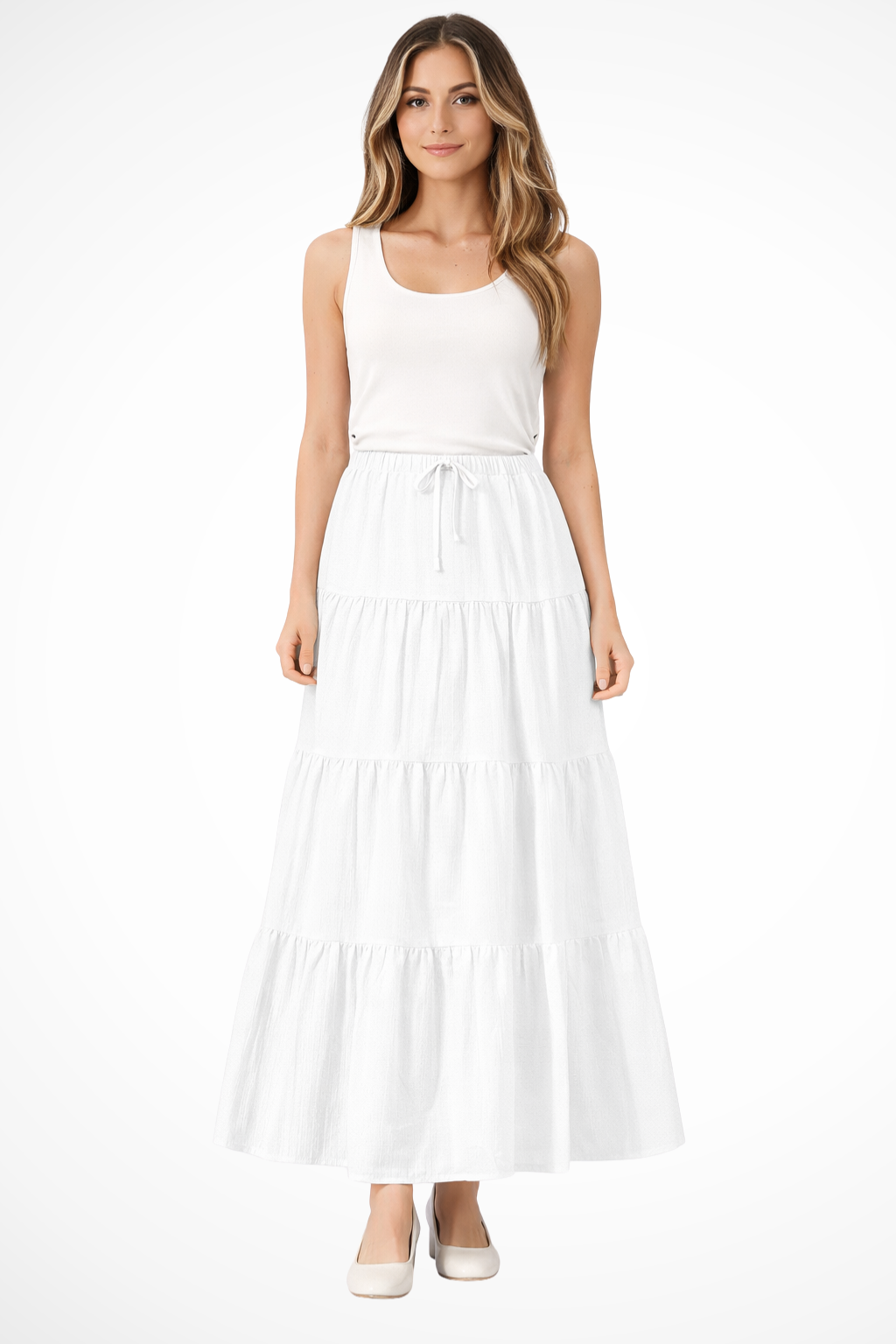 Beth | Women Elasticated Drawstring Waist Tiered Boho Maxi Skirt