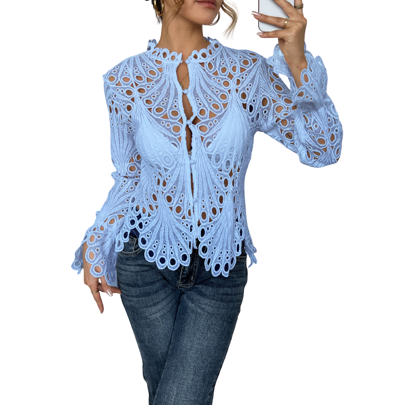 Violet | Women's Lace Cutwork Blouse Long Sleeve Hollow Out Top