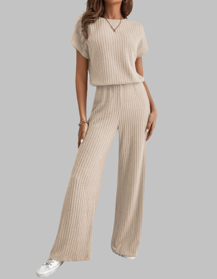 Philippa | Women's Ribbed Two Piece Set Short Sleeve Top Wide Leg Pants