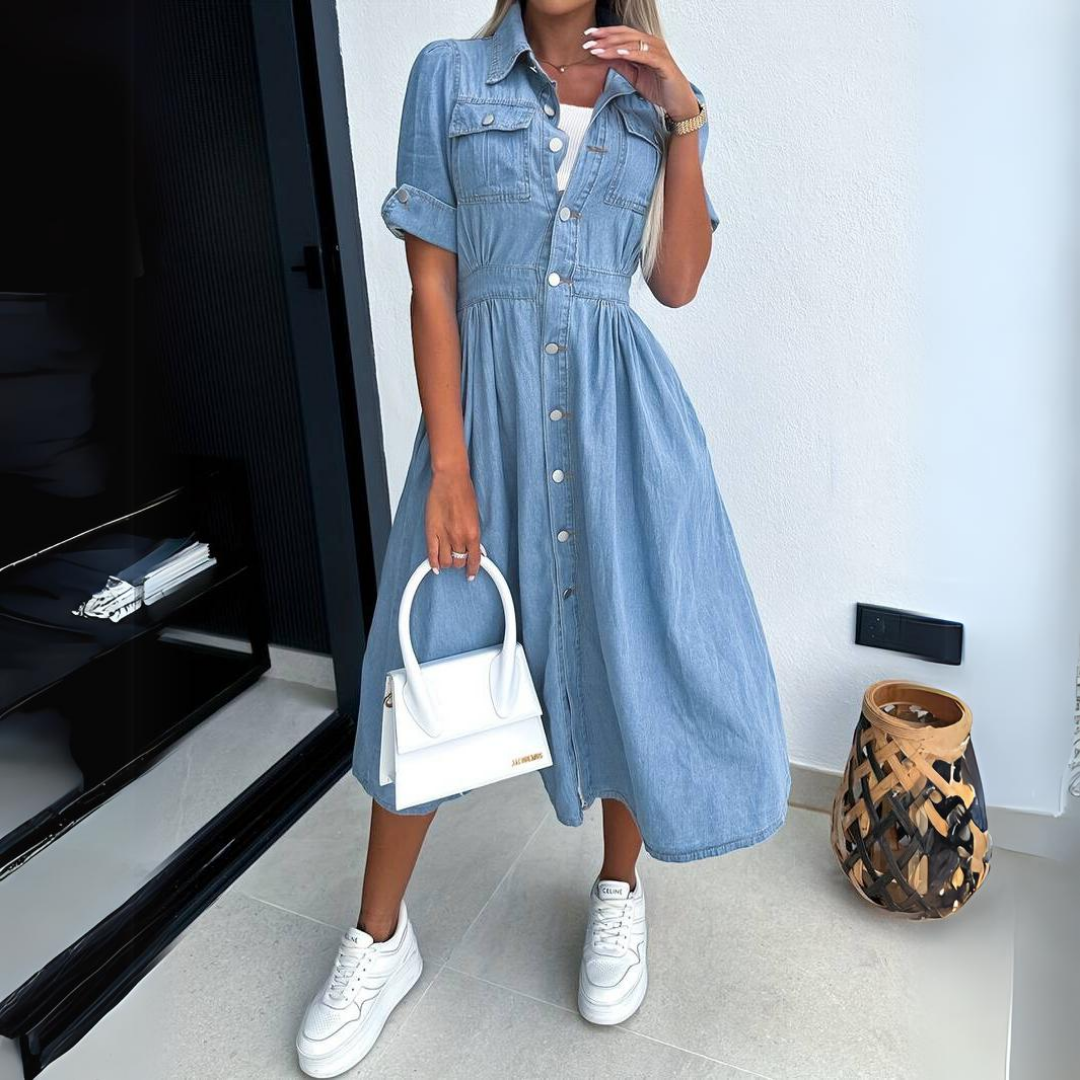 Kirsty | Women's Denim Button-Up Midi Dress Short Sleeve