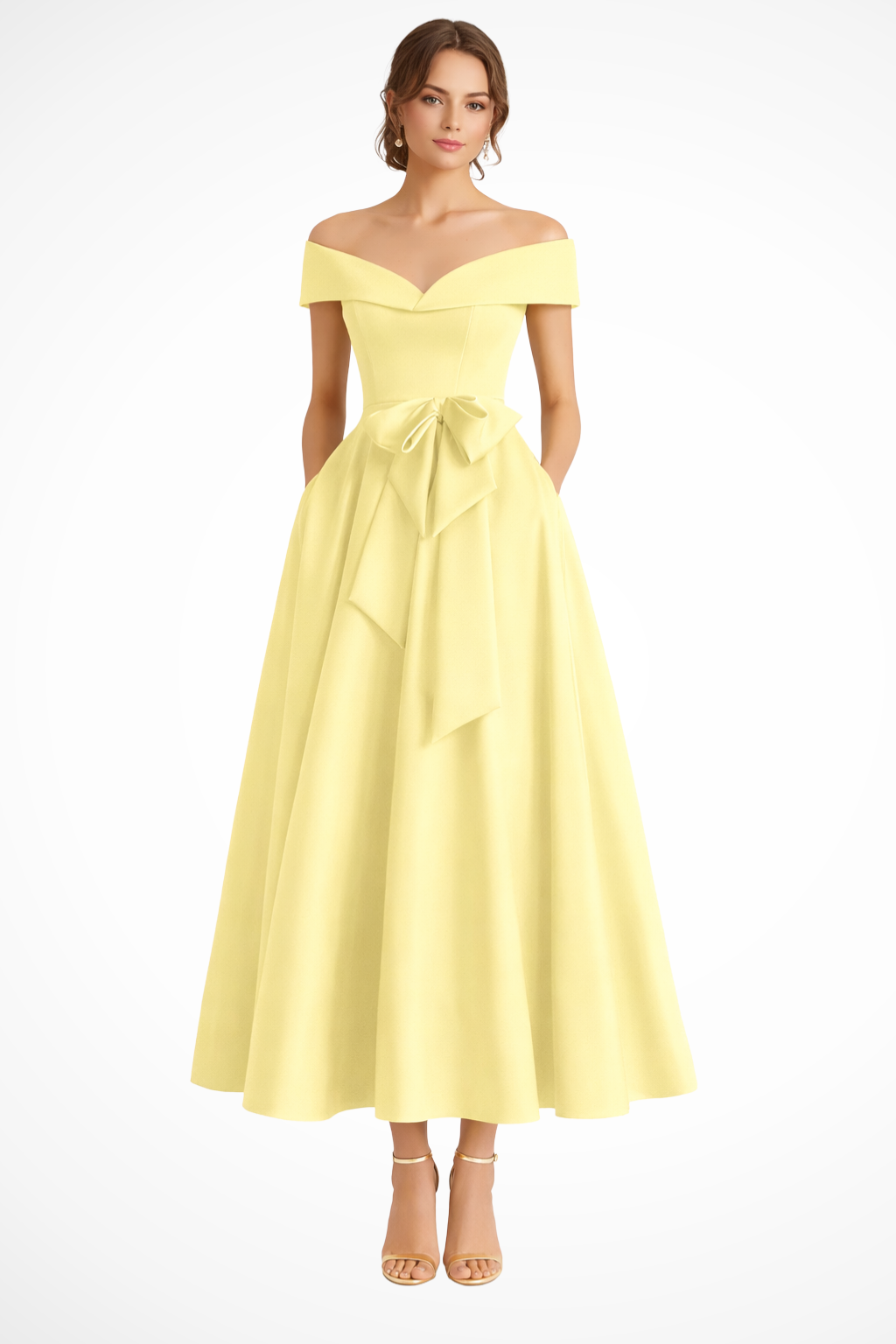 Arabella | Women Off Shoulder Bow Waist A Line Midi Wedding Guest Dress