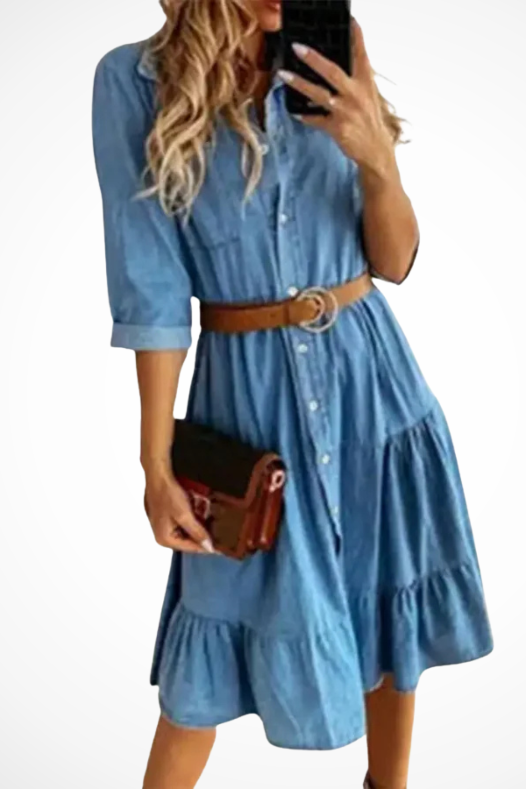 Dana | Women Denim Tiered Midi Shirt Dress with Belt