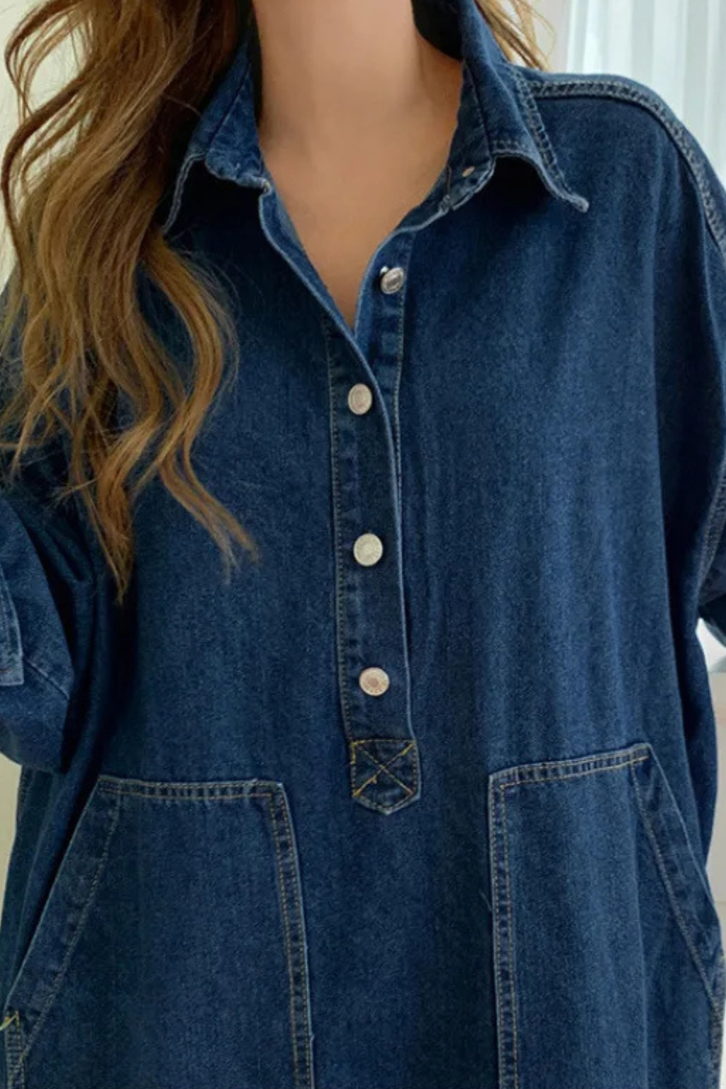 Ramona | Women Oversized Long Sleeve Collared Denim Maxi Dress with Pockets