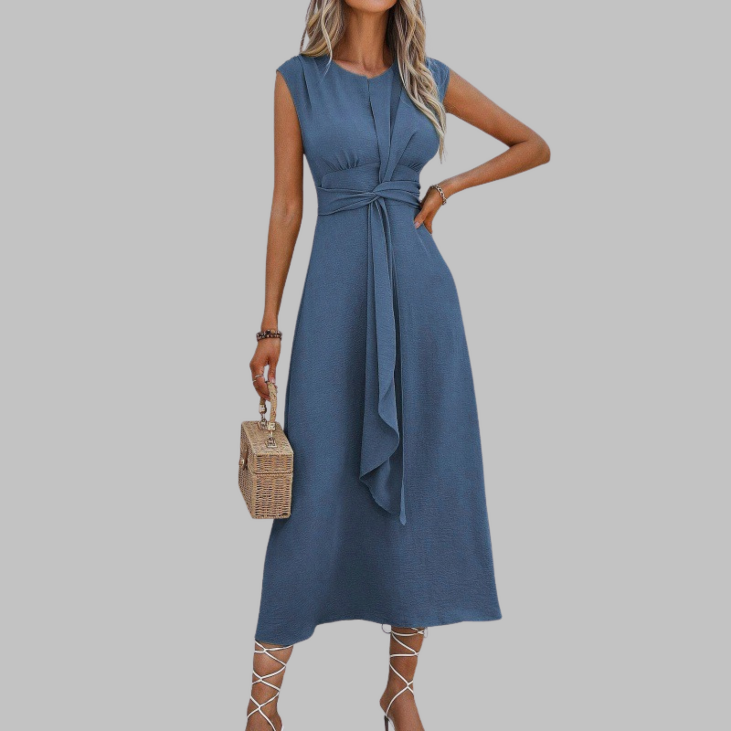 Celeste | Women's Belted Midi Dress Sleeveless Round Neck A-Line