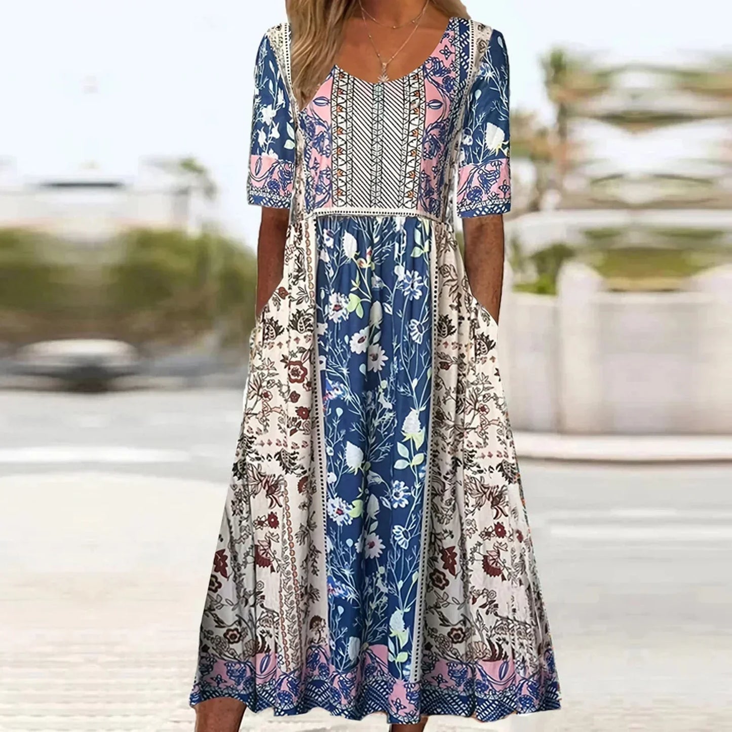 Sabrina | Boho Printed Multi Coloured Square Neck Short Sleeve Midi Dress