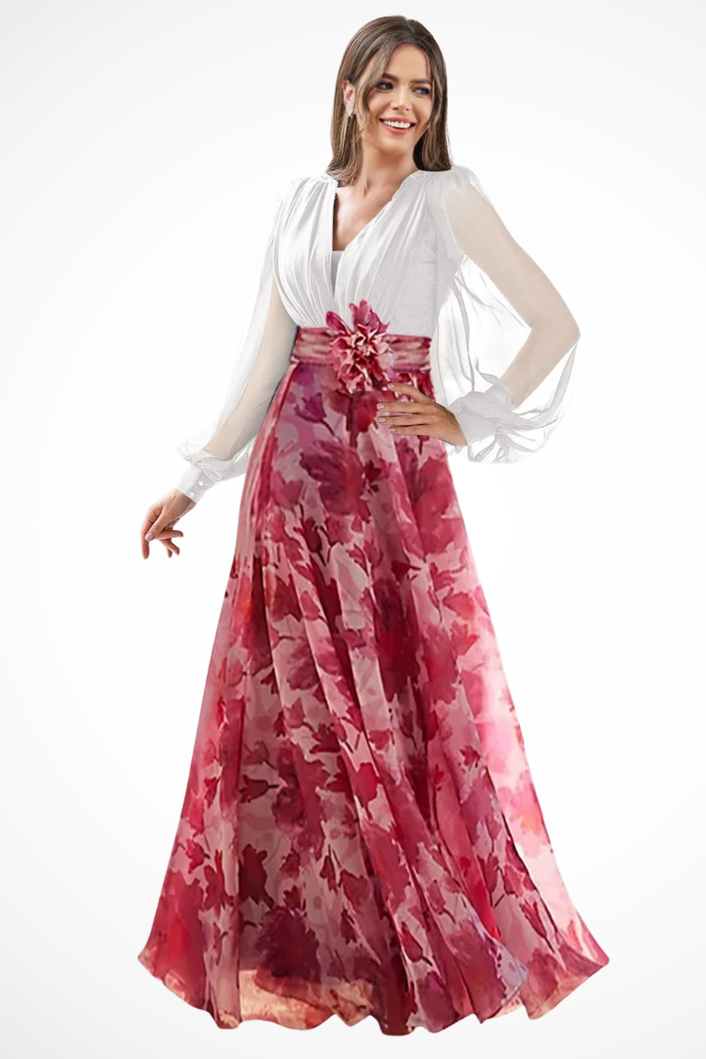 Charlotte | Women V Neck Balloon Sleeve Floral Print Maxi Wedding Guest Dress