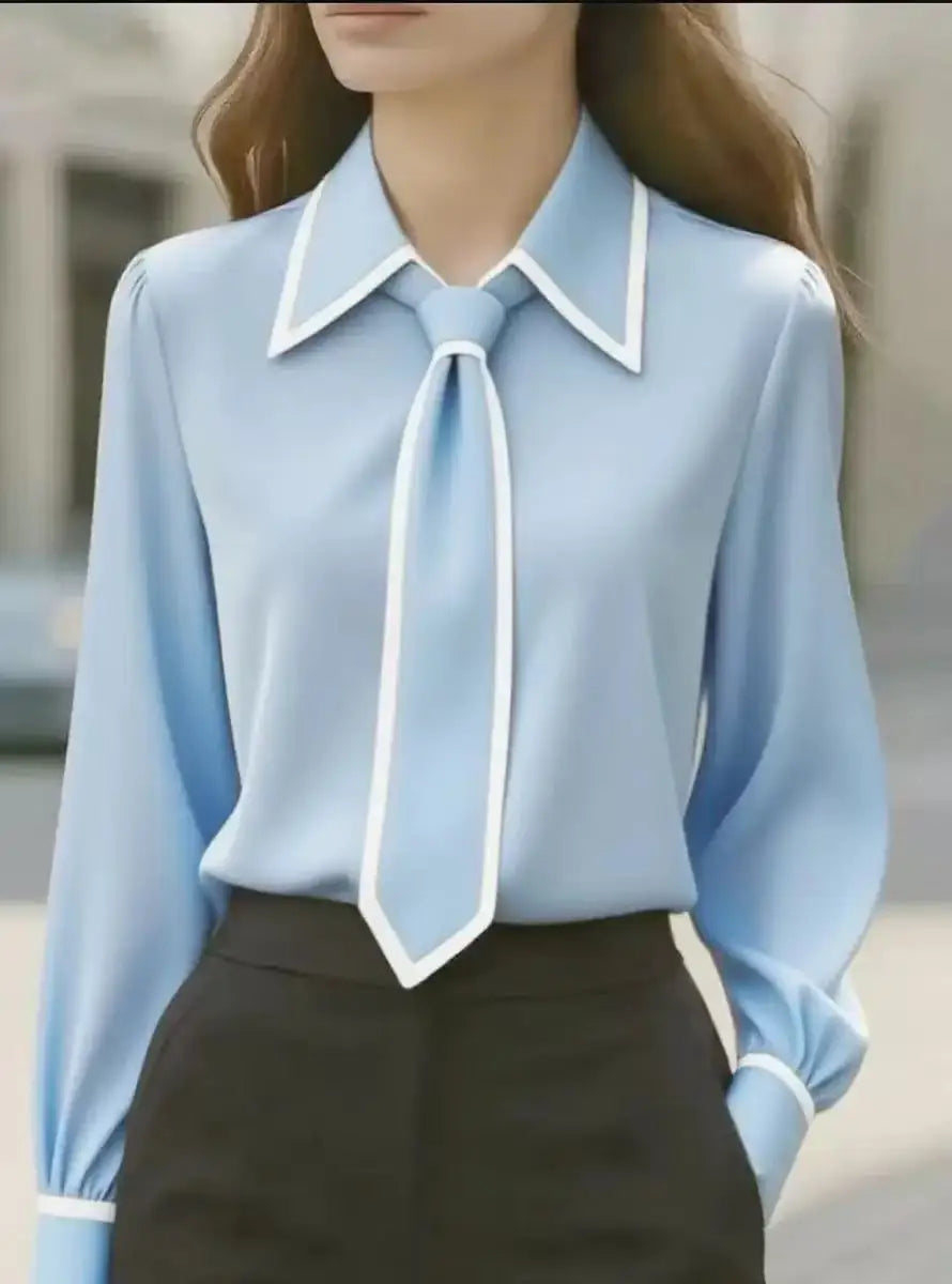 Caitlin | Women's Long Sleeve Tie Neck Blouse Contrast Collar