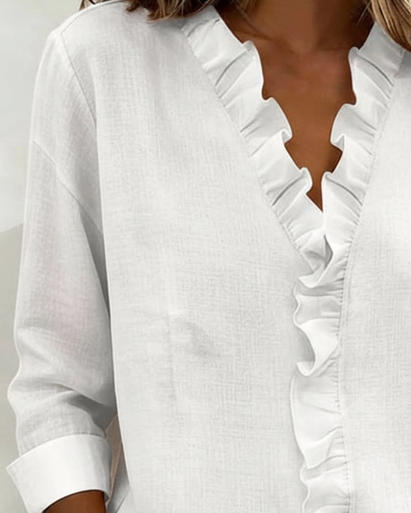 Yasmin | Women's Ruffle V-Neck Long Sleeve Blouse Spring Top