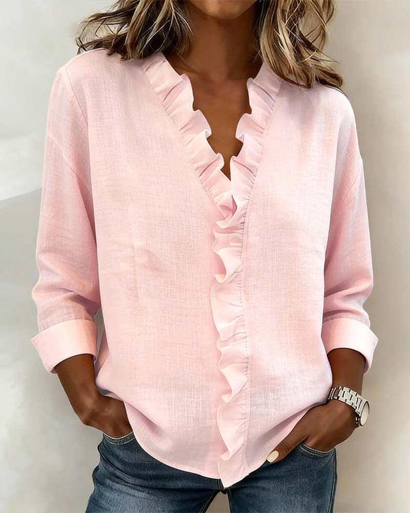 Yasmin | Women's Ruffle V-Neck Long Sleeve Blouse Spring Top