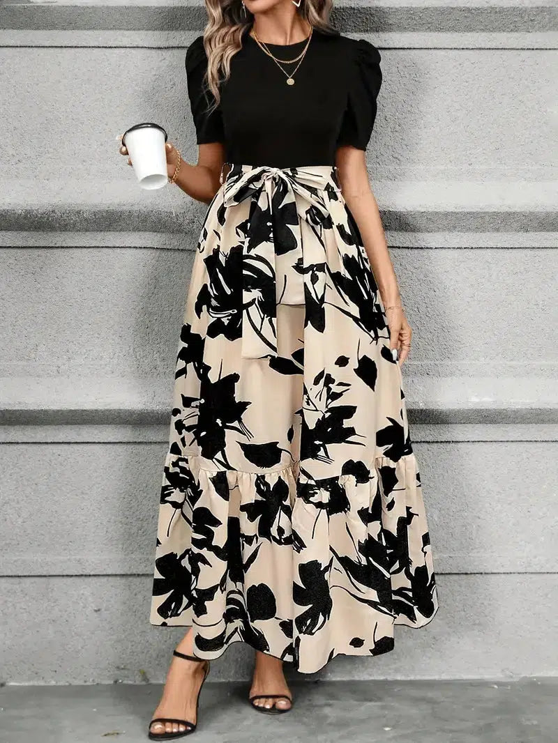 Joy | Women's Puff Sleeve Floral Maxi Dress with Tie Waist