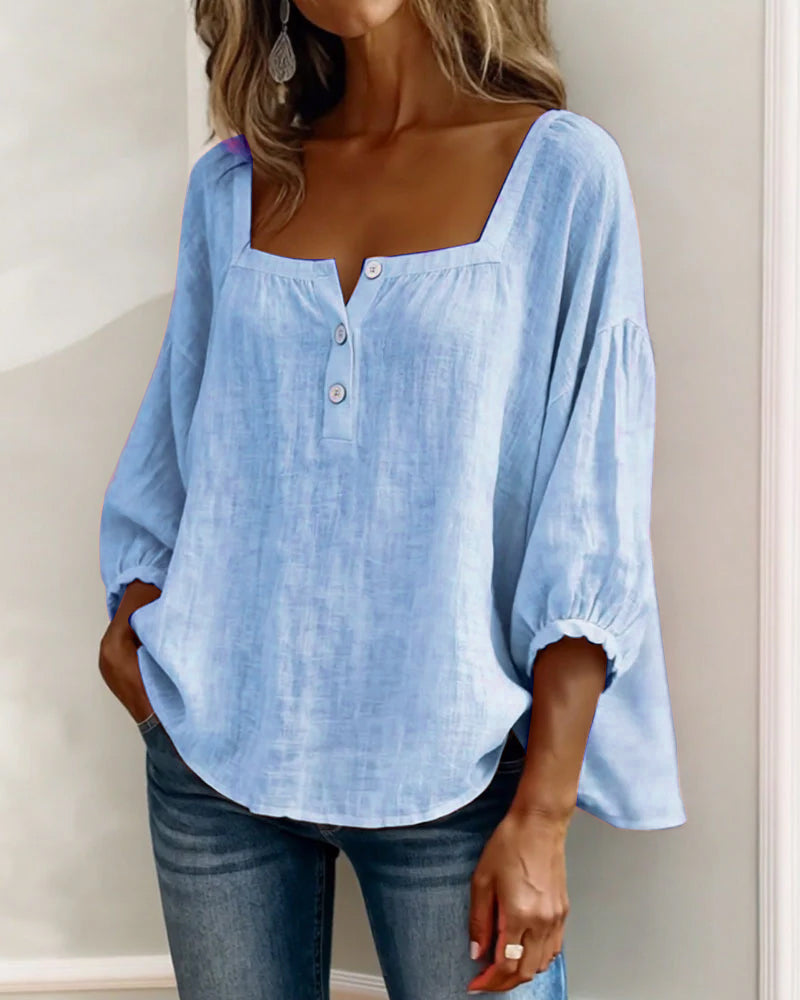 Nadine | Women's Square Neck Blouse 3/4 Puff Sleeve Button Top