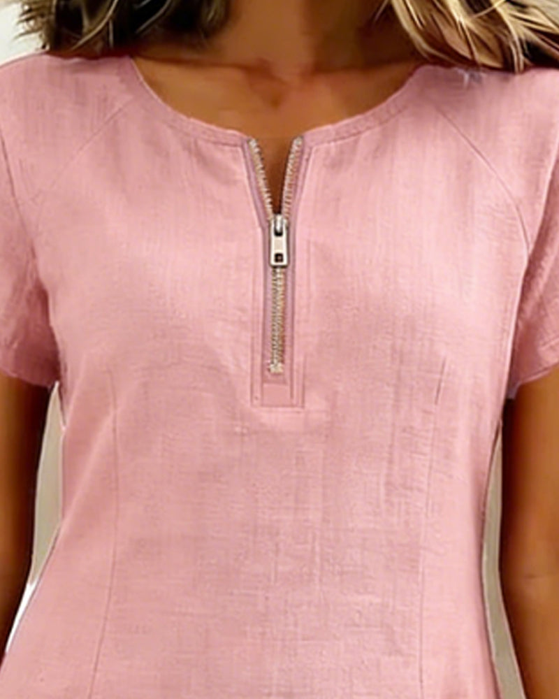 Ivy | Women's Shift Dress Short Sleeve Zip Neck with Pockets