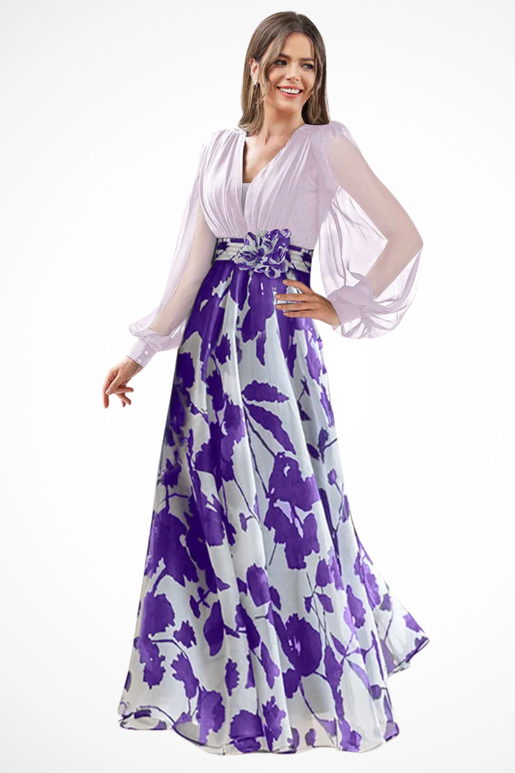 Charlotte | Women V Neck Balloon Sleeve Floral Print Maxi Wedding Guest Dress