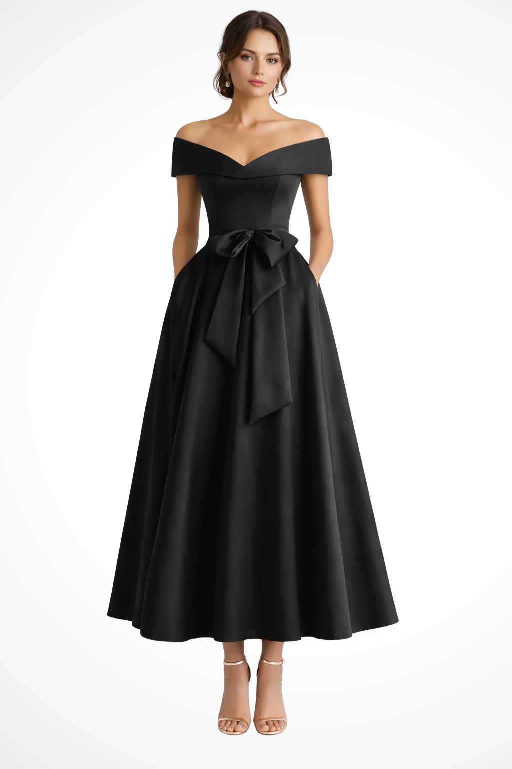 Arabella | Women Off Shoulder Bow Waist A Line Midi Wedding Guest Dress
