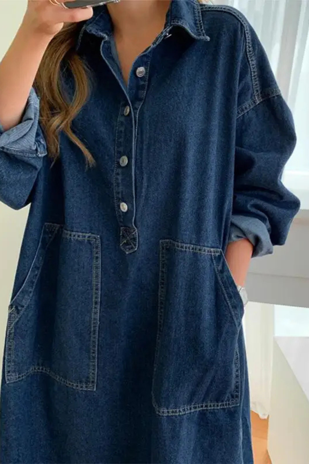 Ramona | Women Oversized Long Sleeve Collared Denim Maxi Dress with Pockets